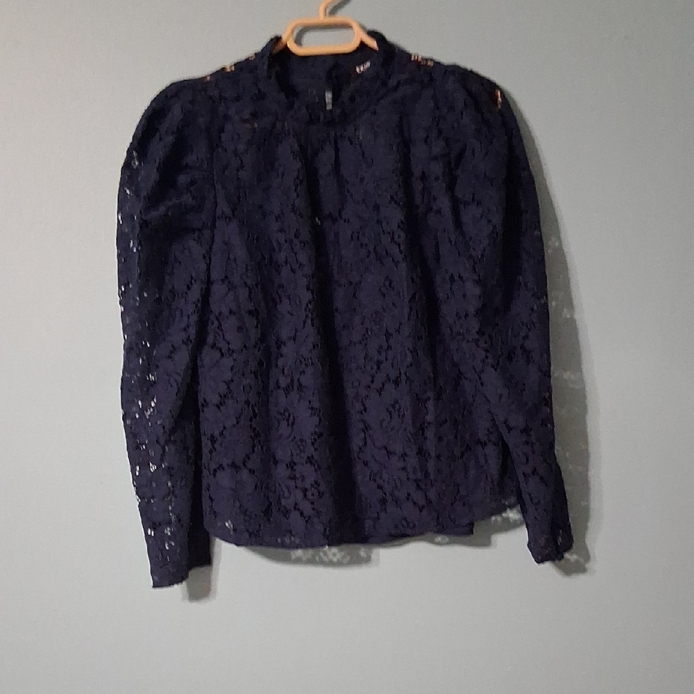 EXPRESS Womens Navy Blue Lace Crochet Puff Sleeve Blouse  Size Small  NWT